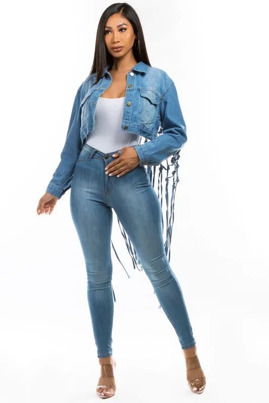 Plus Size Denim Jacket with Back Tassels