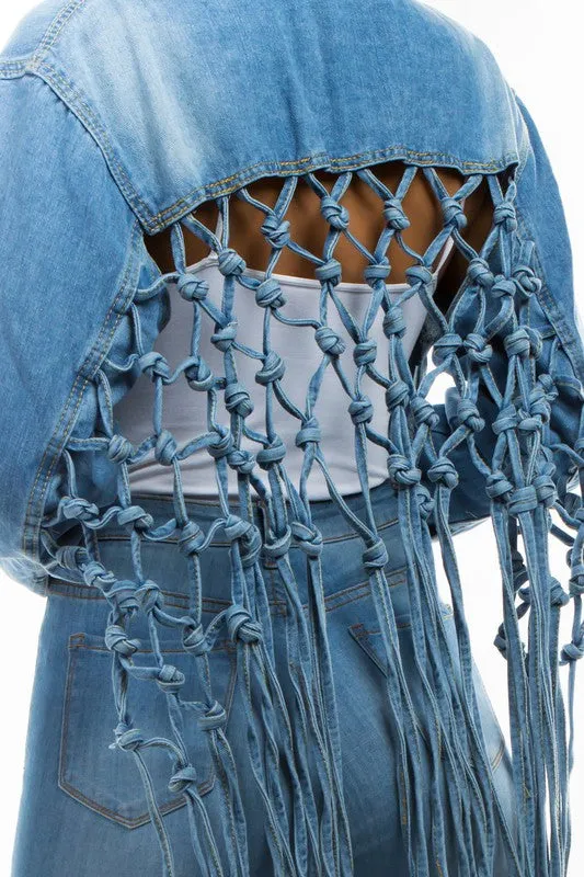 Plus Size Denim Jacket with Back Tassels