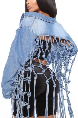 Plus Size Denim Jacket with Back Tassels