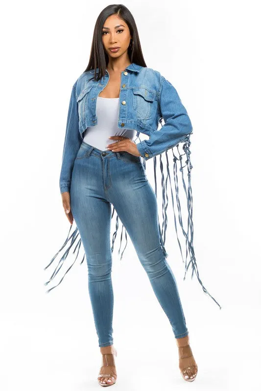 Plus Size Denim Jacket with Back Tassels