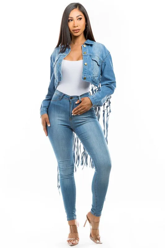 Plus Size Denim Jacket with Back Tassels