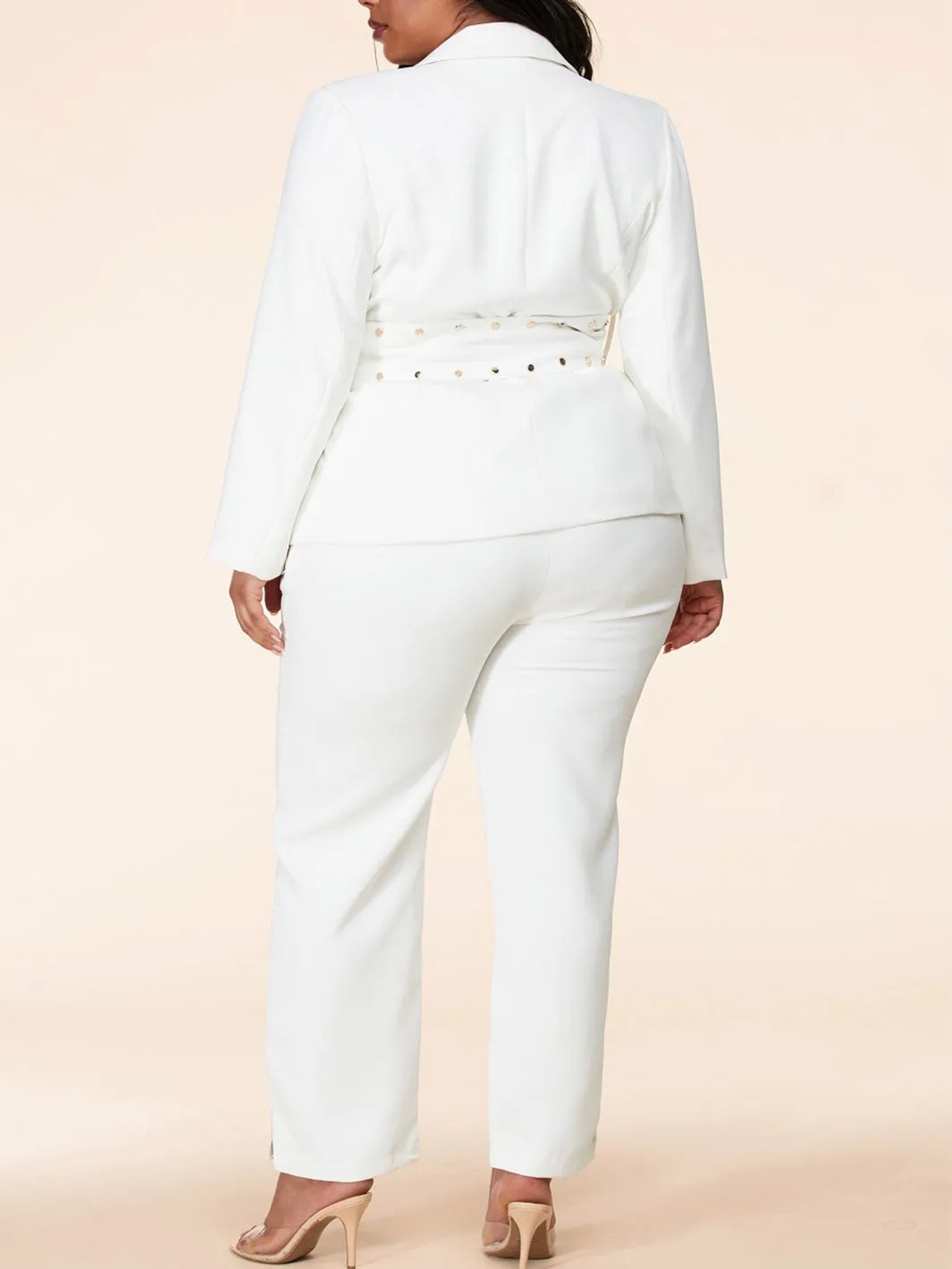 PLUS SIZE FRONT BELT 2PC. JACKET AND WIDE LEG PANTS SET