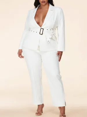 PLUS SIZE FRONT BELT 2PC. JACKET AND WIDE LEG PANTS SET