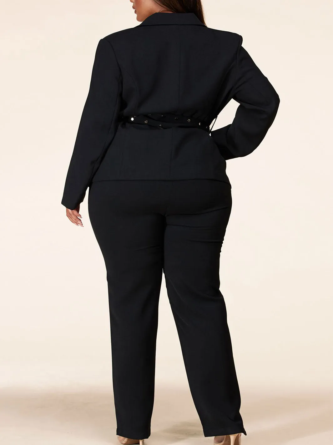 PLUS SIZE FRONT BELT 2PC. JACKET AND WIDE LEG PANTS SET