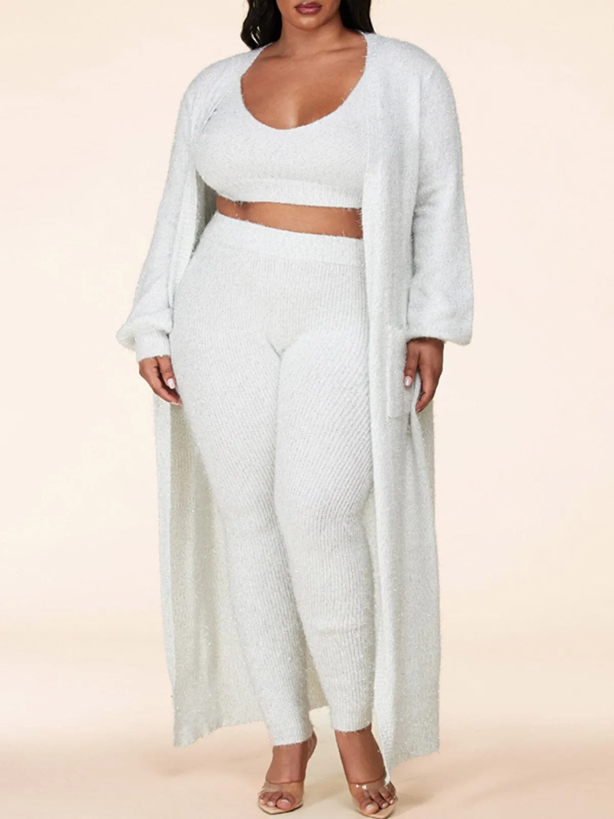 PLUS SIZE LONG SLEEVE 3PC. CARDIGAN TOP & PANTS SHIMMER SET