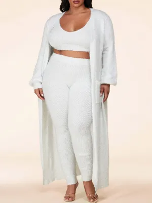 PLUS SIZE LONG SLEEVE 3PC. CARDIGAN TOP & PANTS SHIMMER SET