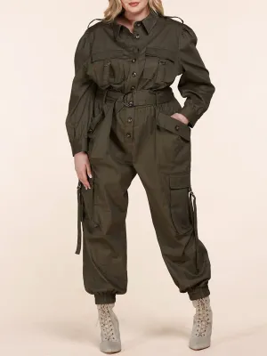 PLUS SIZE LONG SLEEVE BUTTON UP CARGO POCKETS JUMPSUIT