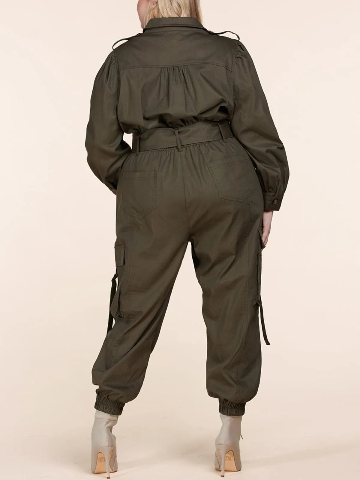PLUS SIZE LONG SLEEVE BUTTON UP CARGO POCKETS JUMPSUIT