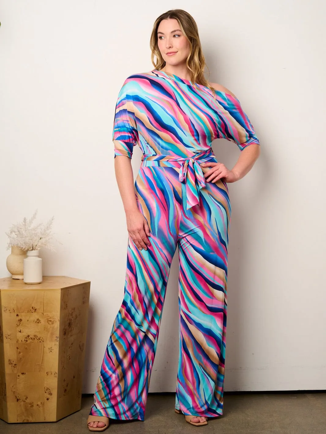 PLUS SIZE OFF SHOULDER SHORT SLEEVE SELF TIE MULTI PRINT WIDE LEG JUMPSUIT
