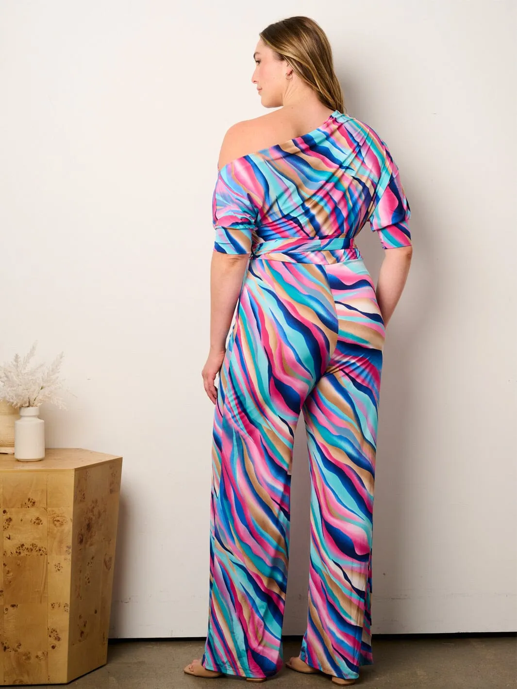 PLUS SIZE OFF SHOULDER SHORT SLEEVE SELF TIE MULTI PRINT WIDE LEG JUMPSUIT
