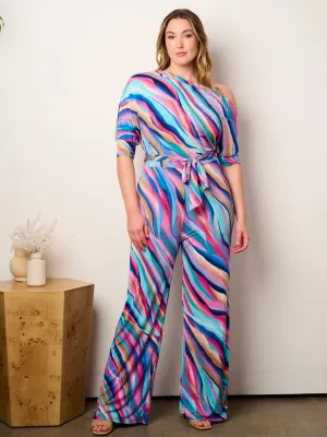 PLUS SIZE OFF SHOULDER SHORT SLEEVE SELF TIE MULTI PRINT WIDE LEG JUMPSUIT