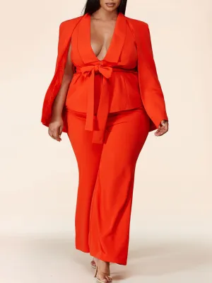 PLUS SIZE SOLID 3PC. TOP/CAPE AND PANTS SELF TIE  SET