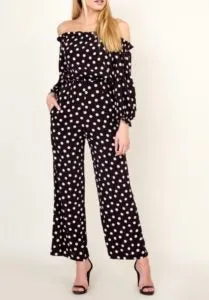 Polka Dot Print Off The Shoulder Open Back Cropped Wide Leg Jumpsuit