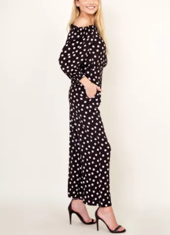 Polka Dot Print Off The Shoulder Open Back Cropped Wide Leg Jumpsuit