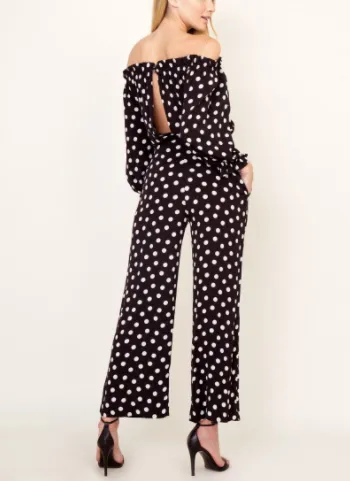 Polka Dot Print Off The Shoulder Open Back Cropped Wide Leg Jumpsuit