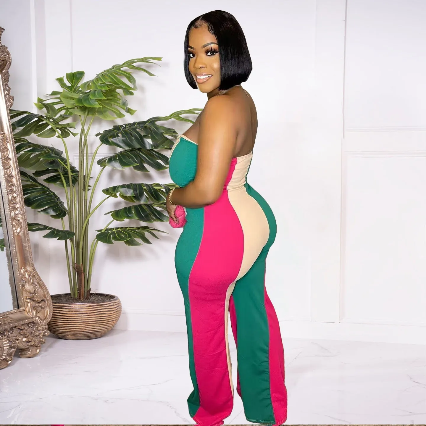 Printed sexy bra wide leg jumpsuit AY2970