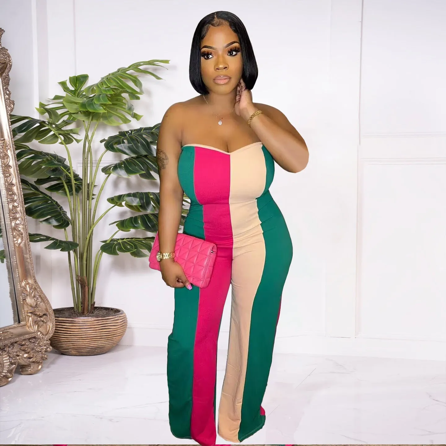 Printed sexy bra wide leg jumpsuit AY2970