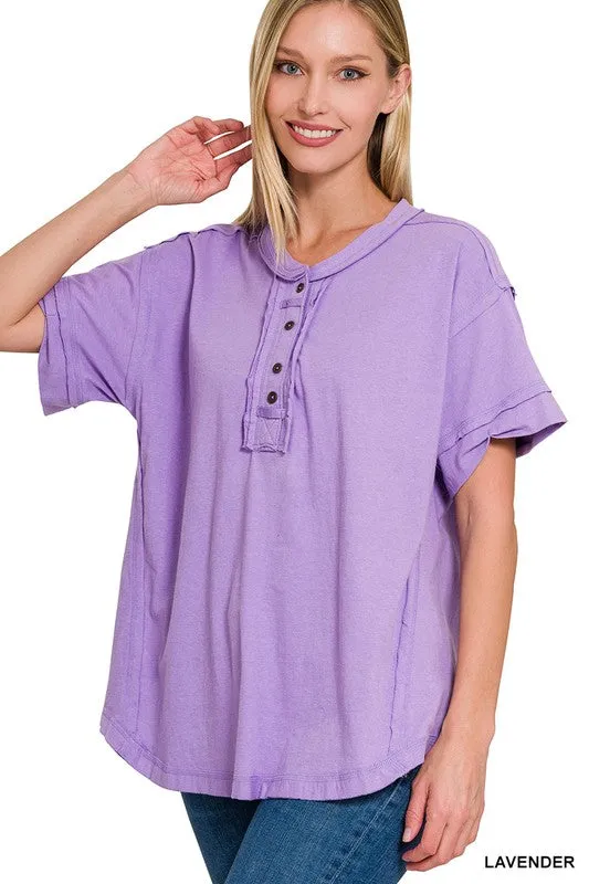 Raw Edge Detailed Button Closure Short Sleeve Top