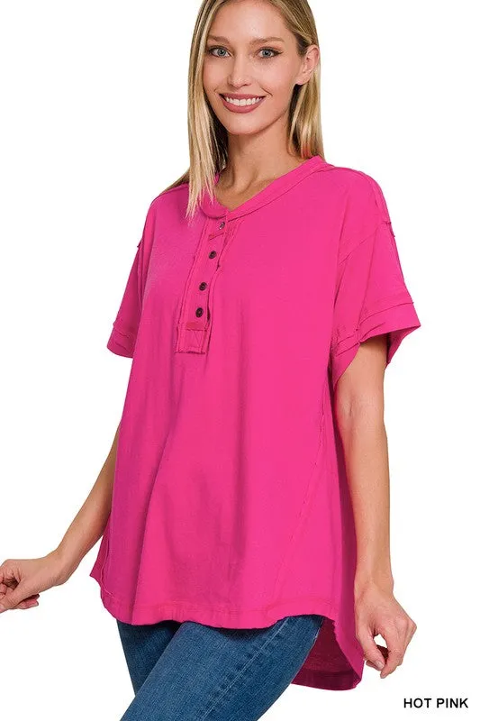 Raw Edge Detailed Button Closure Short Sleeve Top
