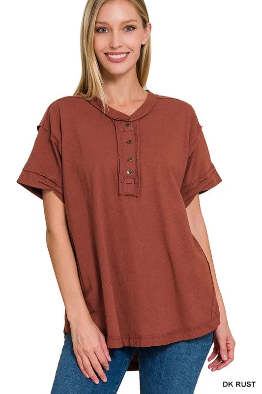 Raw Edge Detailed Button Closure Short Sleeve Top