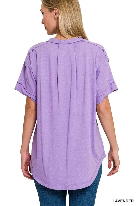 Raw Edge Detailed Button Closure Short Sleeve Top
