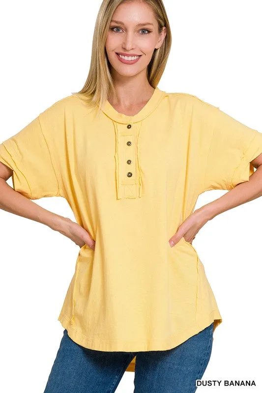 Raw Edge Detailed Button Closure Short Sleeve Top