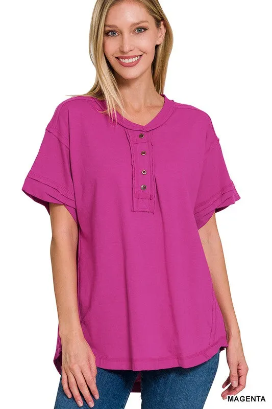 Raw Edge Detailed Button Closure Short Sleeve Top