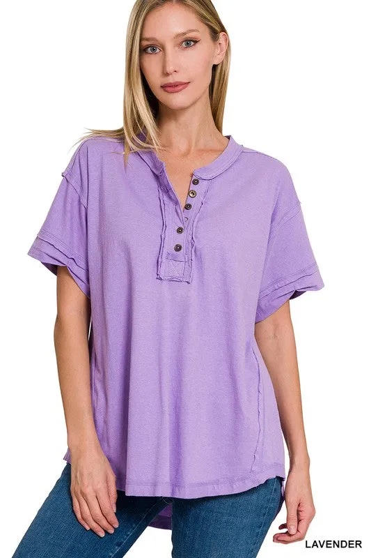 Raw Edge Detailed Button Closure Short Sleeve Top