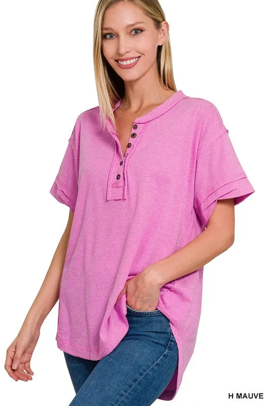 Raw Edge Detailed Button Closure Short Sleeve Top