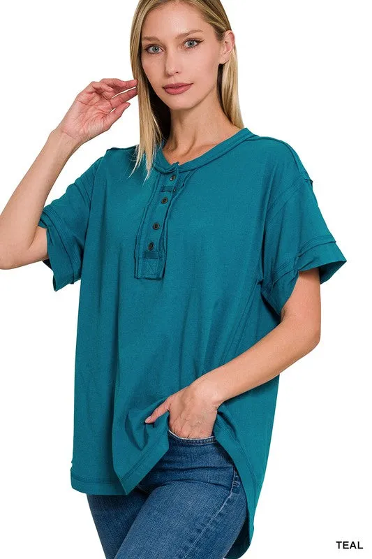 Raw Edge Detailed Button Closure Short Sleeve Top