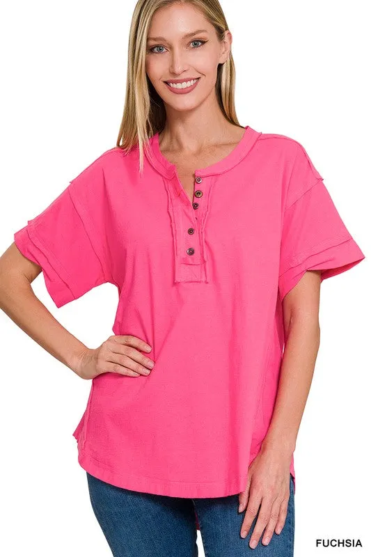 Raw Edge Detailed Button Closure Short Sleeve Top