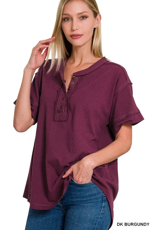 Raw Edge Detailed Button Closure Short Sleeve Top