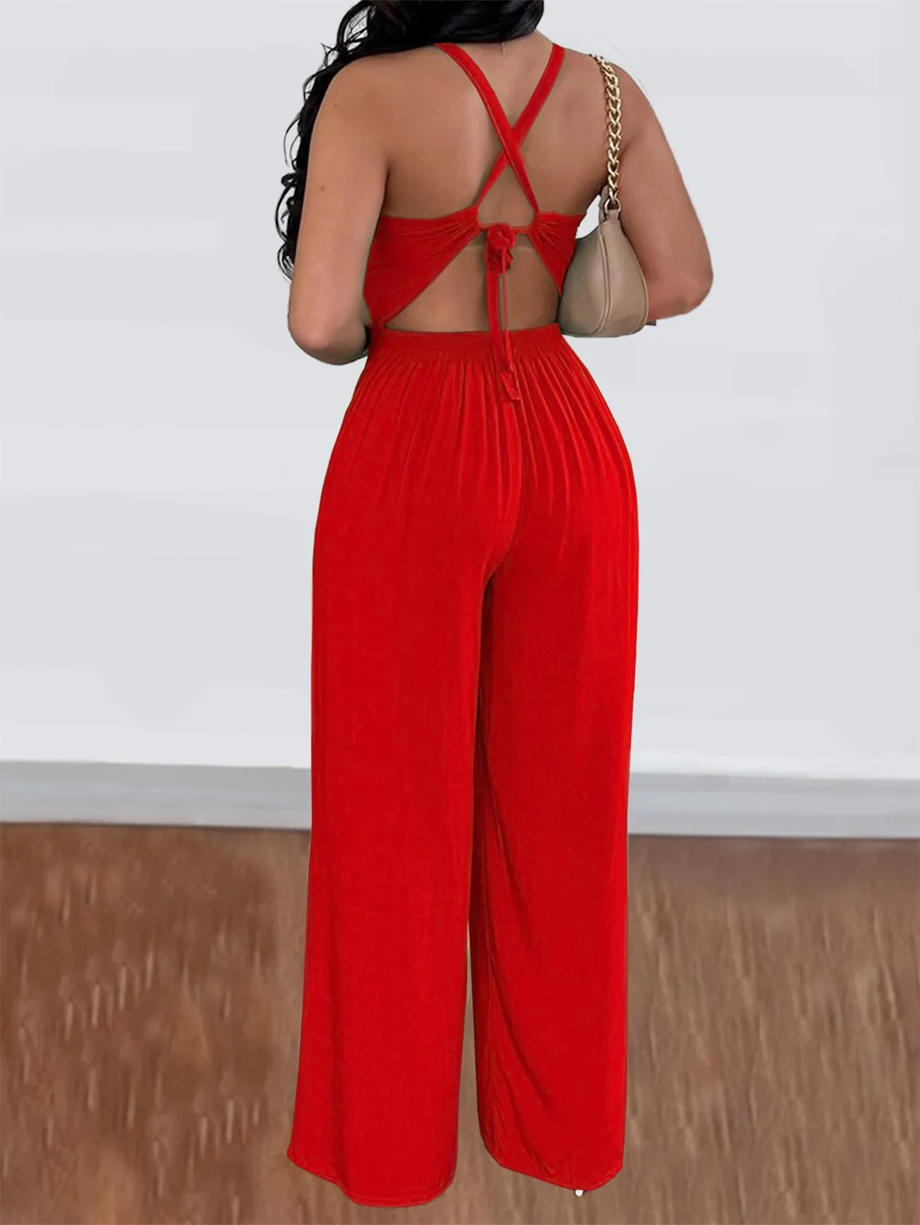 Red Halter Neck Sweetheart Neckline Jumpsuit