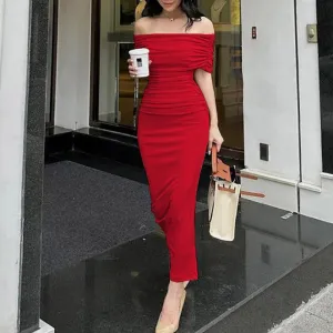 Red Off-Shoulder Solid Midi Dress
