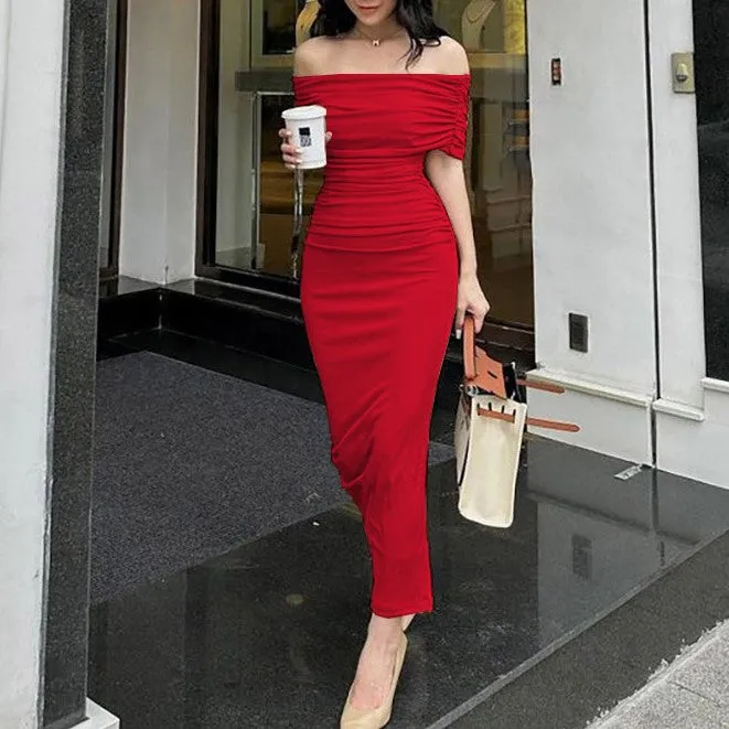 Red Off-Shoulder Solid Midi Dress