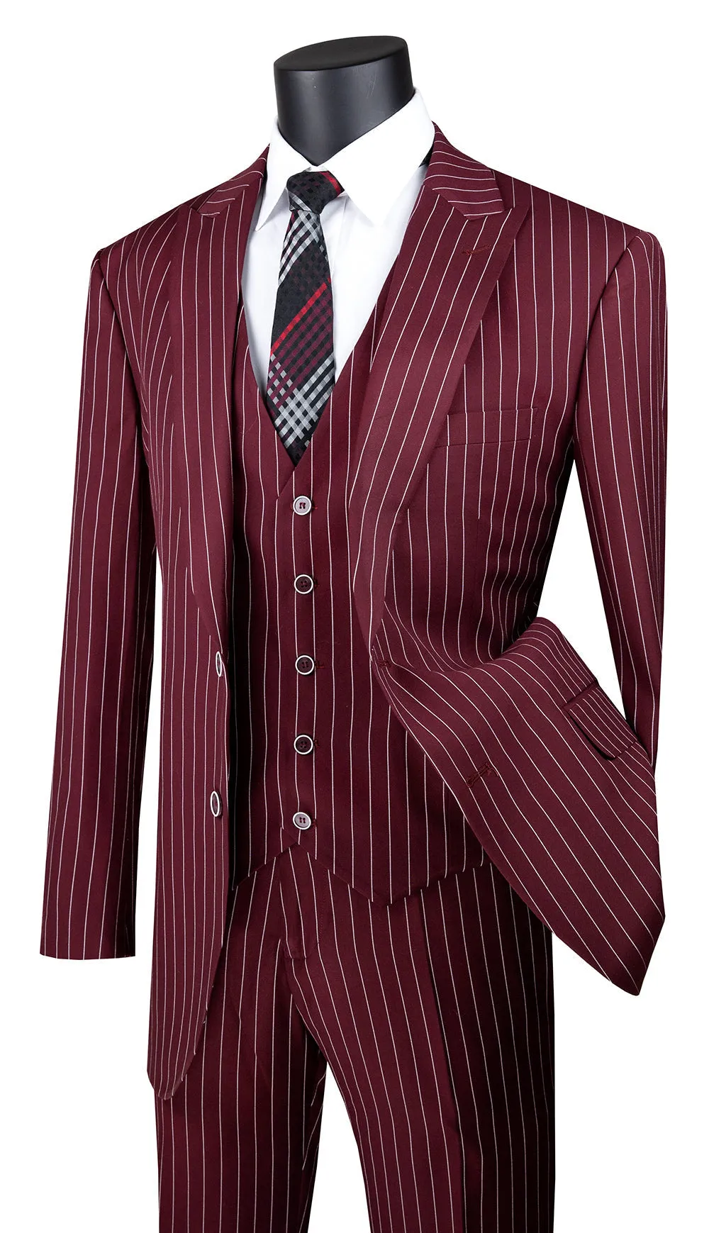 Regular Fit 3 Piece Suit 2 Button Gangster Stripe (Burgundy) V2RS-9