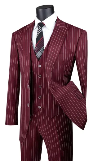 Regular Fit 3 Piece Suit 2 Button Gangster Stripe (Burgundy) V2RS-9