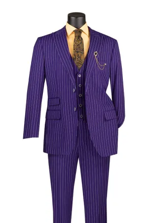 Regular Fit 3 Piece Suit 2 Button Gangster Stripe Purple V2RS-9