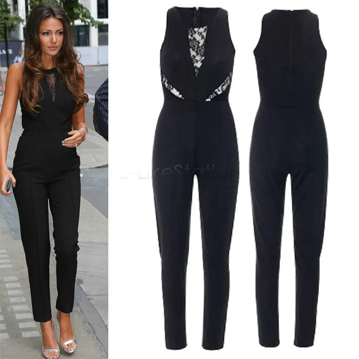 Rompers Womens Jumpsuits Sexy Black Bodycon Jumpsuit Sleeveless Slim Overalls for Women Lace Splicing Long Pants Playpuit