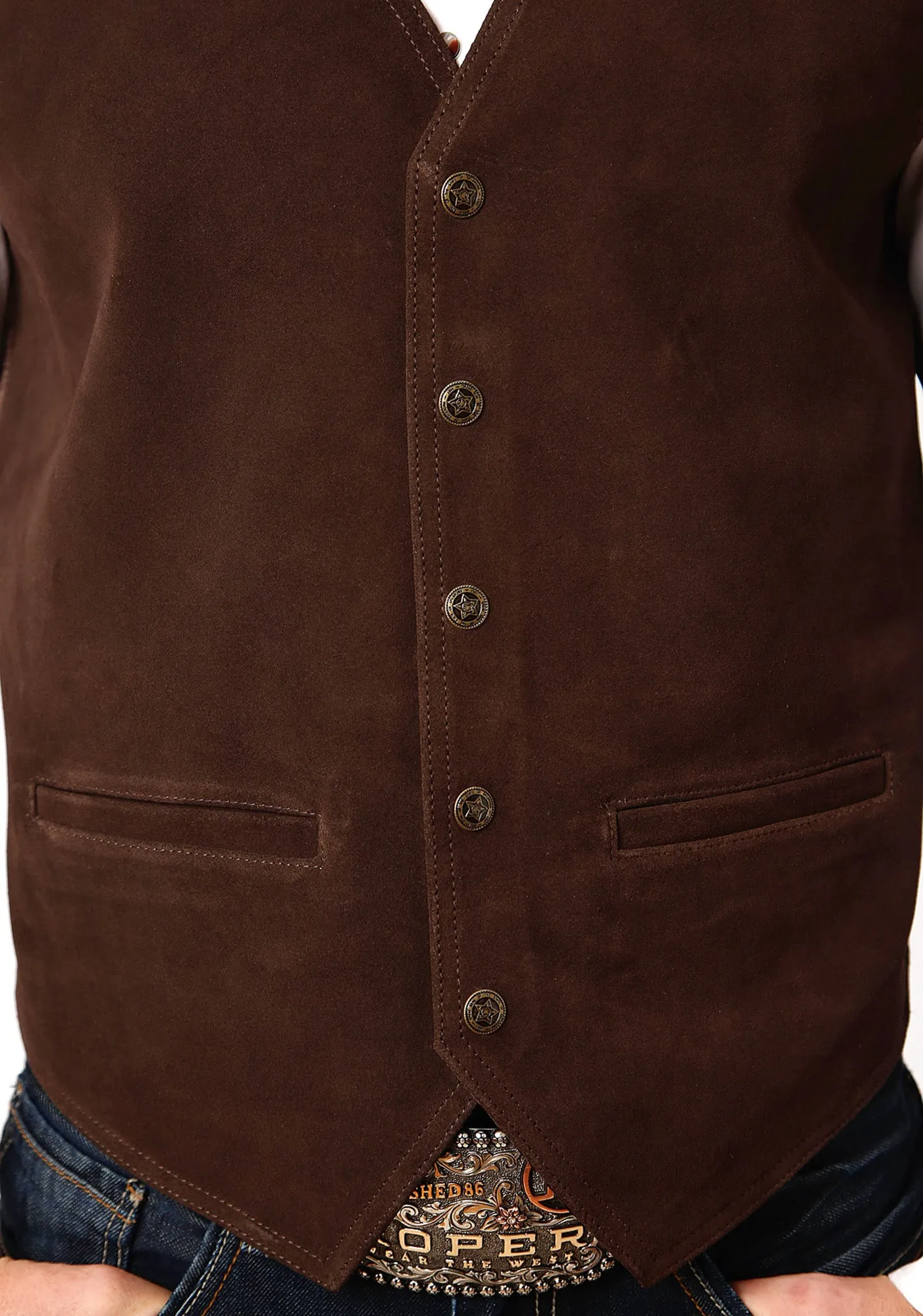 Roper Mens Buckle Tie Brass Snaps Brown Suede Tall Leather Vest