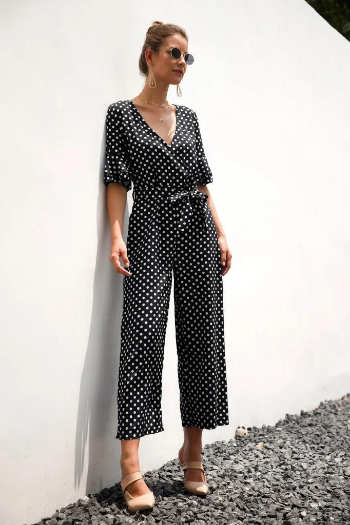 Ruffled Flared Sleeve Polka Dot Lace-up Jumpsuit V-neck Rompers