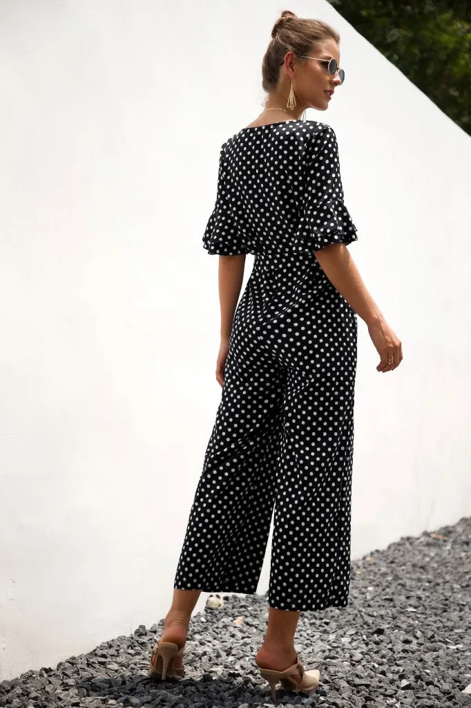 Ruffled Flared Sleeve Polka Dot Lace-up Jumpsuit V-neck Rompers