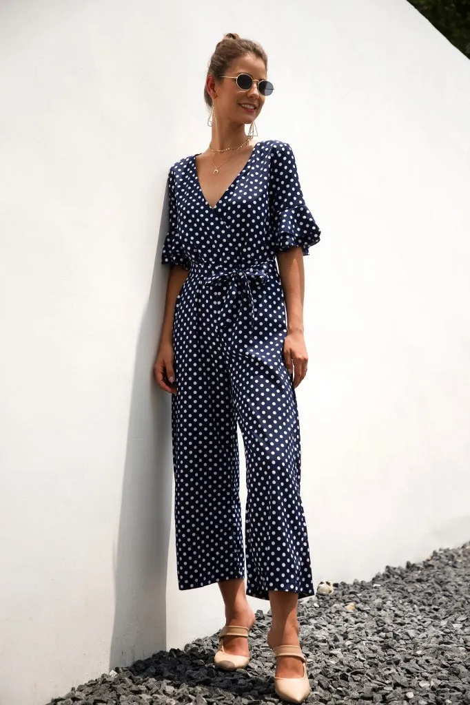 Ruffled Flared Sleeve Polka Dot Lace-up Jumpsuit V-neck Rompers