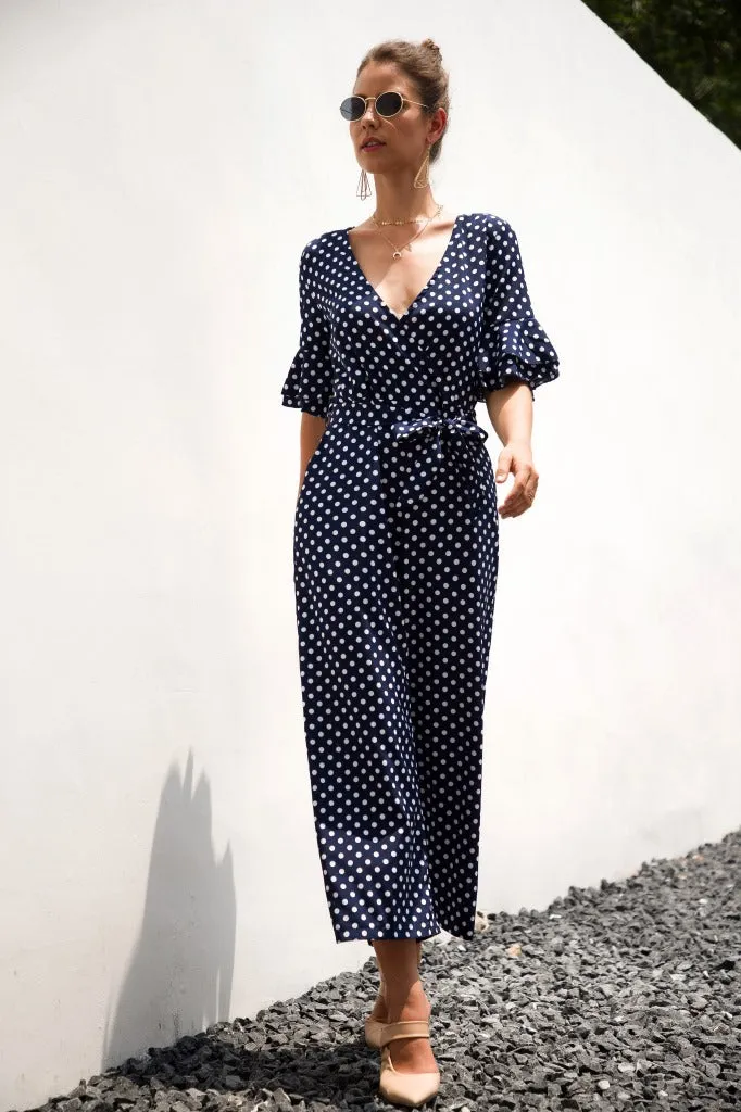 Ruffled Flared Sleeve Polka Dot Lace-up Jumpsuit V-neck Rompers