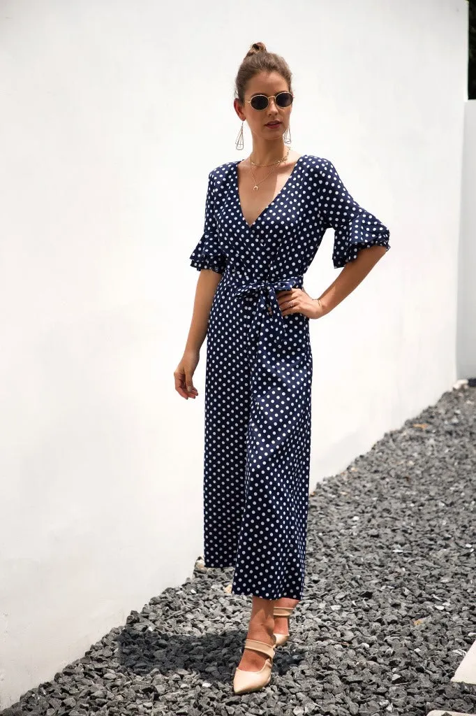 Ruffled Flared Sleeve Polka Dot Lace-up Jumpsuit V-neck Rompers