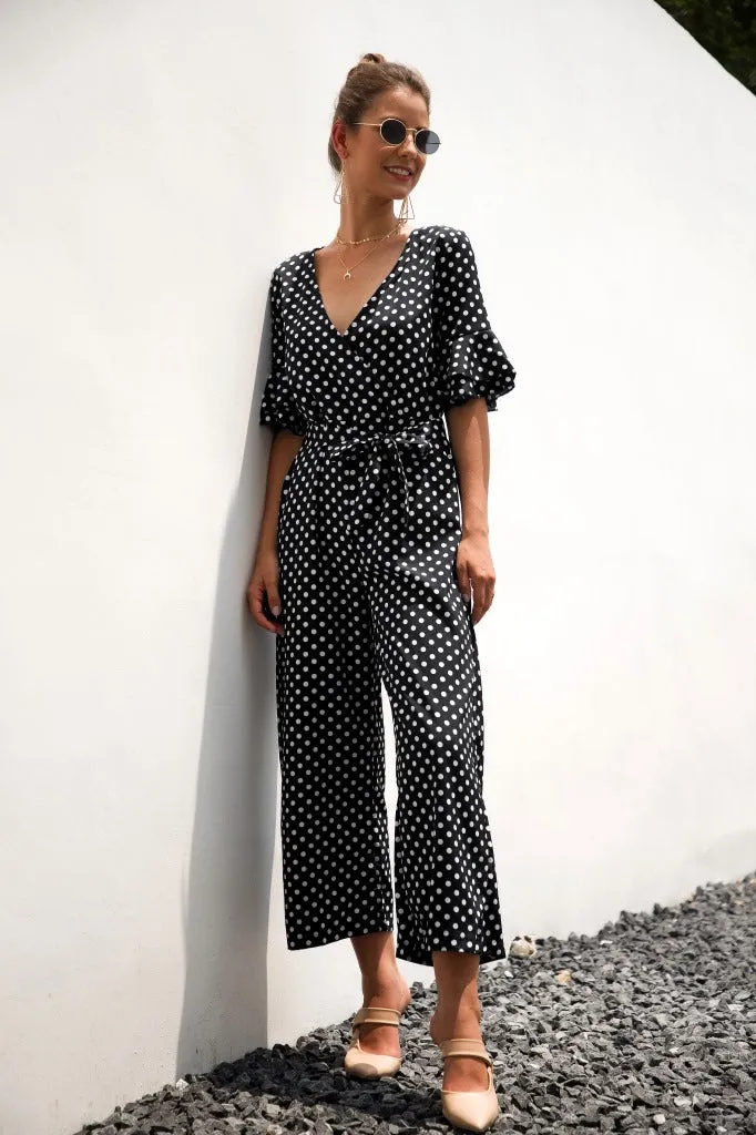 Ruffled Flared Sleeve Polka Dot Lace-up Jumpsuit V-neck Rompers