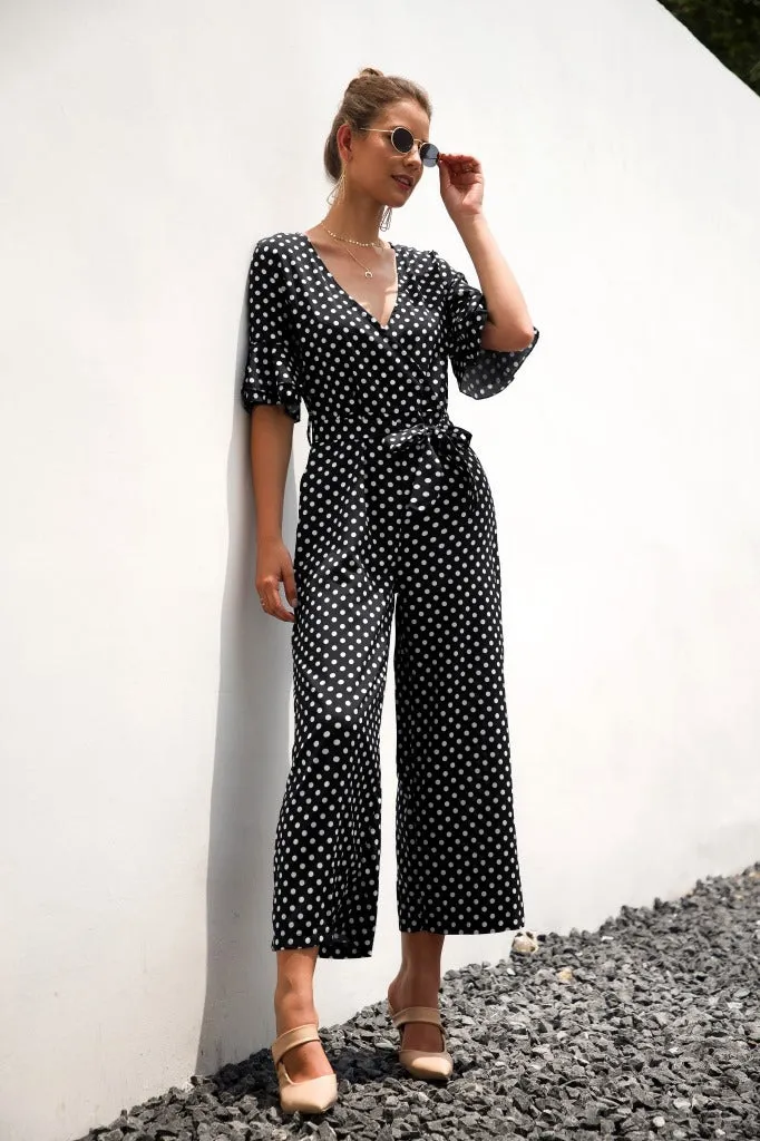 Ruffled Flared Sleeve Polka Dot Lace-up Jumpsuit V-neck Rompers