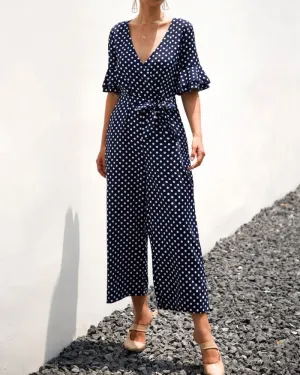 Ruffled Flared Sleeve Polka Dot Lace-up Jumpsuit V-neck Rompers