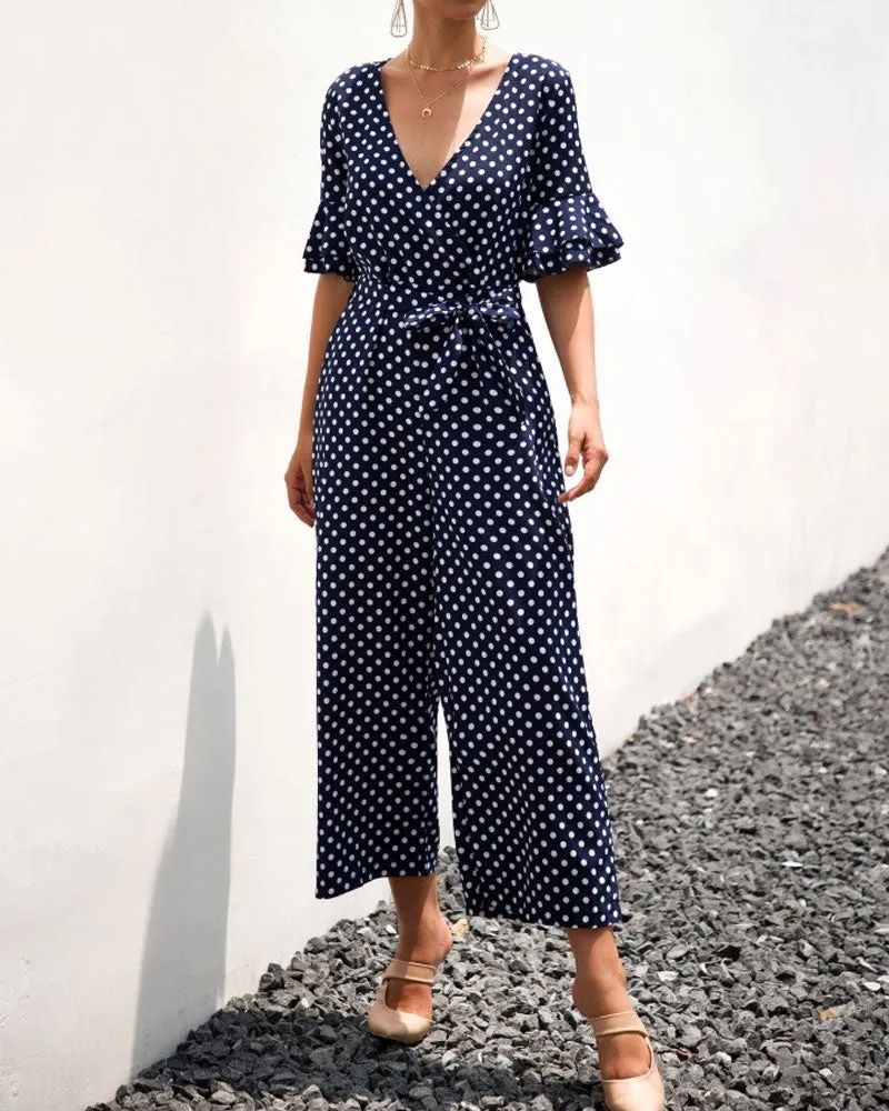 Ruffled Flared Sleeve Polka Dot Lace-up Jumpsuit V-neck Rompers