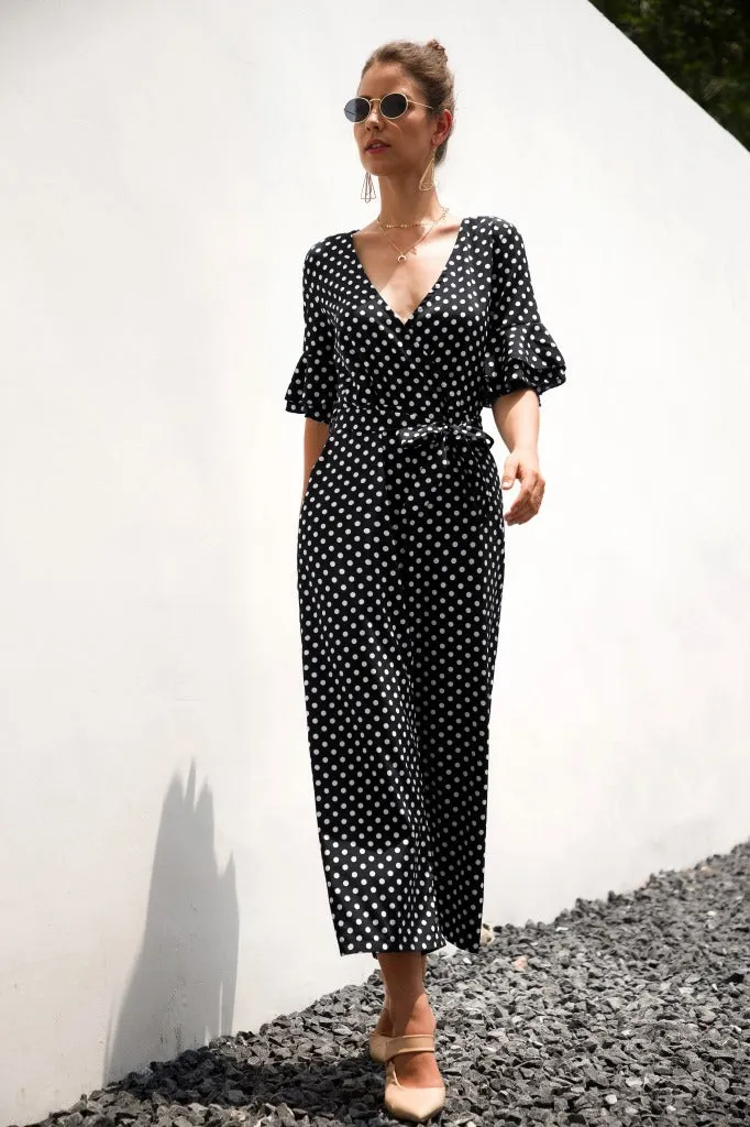 Ruffled Flared Sleeve Polka Dot Lace-up Jumpsuit V-neck Rompers